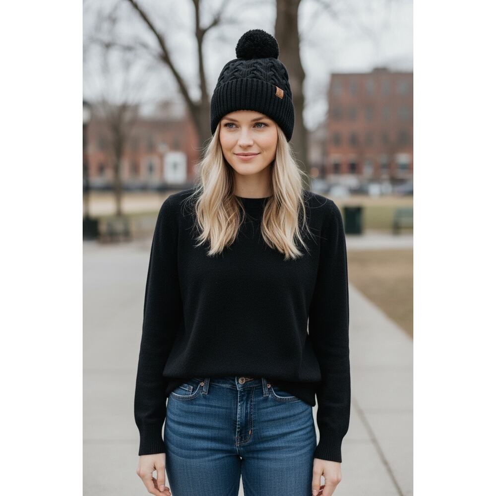 Frye‎ Cable Knit Beanie with Pom Black New